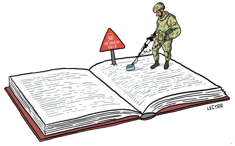 Soldat auf einem aufgeschlagenen Buch mit Warnschild auf einer Minenfeld-Seite
